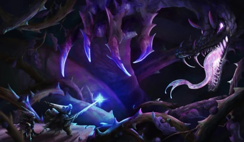 Créature marine fantastique aux tentacules, nageant dans une grotte sombre et violette, entourée de coraux et d’un rayon de lumière bleue.