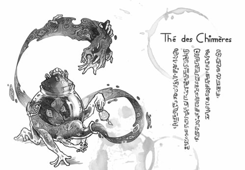 Illustration digitale en noir et blanc d'une créature hybride mi-grenouille mi-théière et remplie d'une substance à long bras. À côté, le texte "Thé des Chimères" est accompagné de caractères mystérieux sur fond de taches de thé.