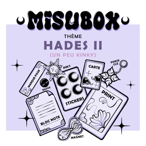 Affiche promotionnelle "Misubox" sur le thème Hades II, présentant des goodies illustrés : marque-page, badge, pin's, stickers, carte, porte-clé, bloc-notes, print et magnet, dans un style graphique.