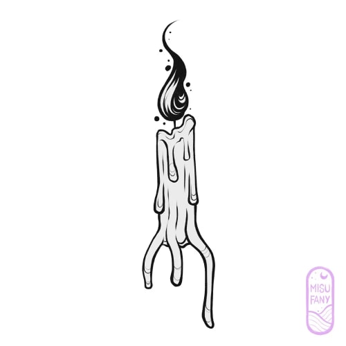 Illustration en noir et blanc d’une bougie fondue dont la flamme évoque une silhouette humaine, avec une petite signature violette « Miss Fanny ».