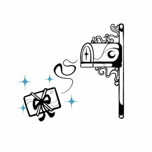 Une lettre avec un ruban noir flotte en direction d'une boîte aux lettres décorée de motifs célestes, entourée d'étoiles scintillantes bleues sur fond blanc.