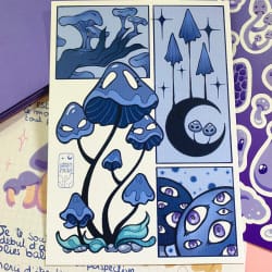 Cartes et illustrations colorées sur un support vert : dessin marin bleu, motifs de poissons, message manuscrit, autocollants et palette pastel.