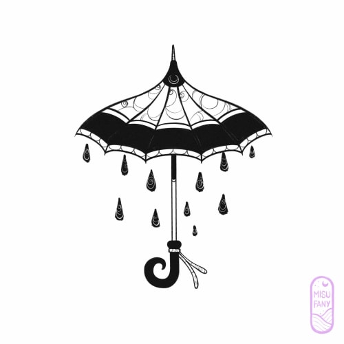 Parapluie noir et blanc décoré de motifs, avec des gouttes de pluie qui tombent et une poignée en forme de crochet.