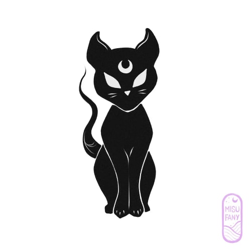 Illustration en noir et blanc d’un crâne stylisé avec cornes, grands yeux noirs, croix sur le front et détails d’os, accompagné d’un petit logo rose « Misfits Fancy ».