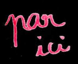 Inscription manuscrite rose sur fond pixélisé noir et blanc indiquant par ici ! avec un point d'exclamation.