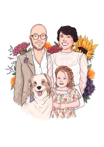 Portrait dessiné d'une famille : un homme, une femme, leur jeune fille et leur chien, souriants devant un fond de fleurs colorées.