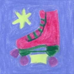 Dessin au pastel d'un patin à roulettes rose avec lacets et semelle verts, roues violettes, sur fond bleu violet, avec une étoile jaune vert à côté.