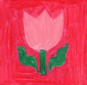 Dessin enfantin sur fond jaune clair : une étoile rose à huit branches surplombe une forme en arc de cercle bleu avec trois traits verticaux vers le bas, évoquant un œil fermé avec des cils.