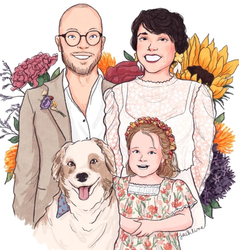 Illustration colorée d'une famille : un homme à lunettes, une femme en robe de mariée, leur jeune fille couronnée de fleurs et leur chien, devant un bouquet de fleurs.