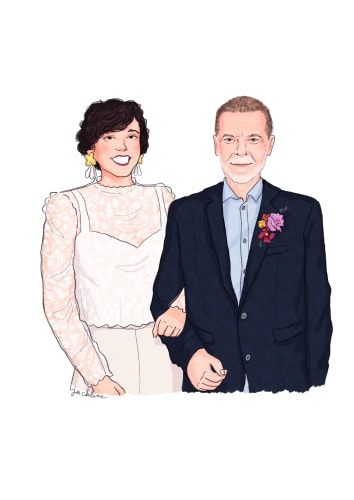 Illustration d'un couple en tenue de cérémonie : une femme en haut de dentelle blanche et un homme en veste bleu marine avec une boutonnière fleurie, posant ensemble bras dessus, bras dessous.