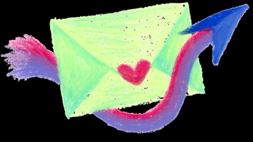 Dessin au pastel d'une enveloppe vert clair ornée d'un cœur rose, avec une flèche bleue et rose qui la traverse, le tout sur fond blanc.