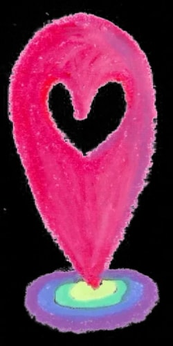 Dessin au pastel d'une enveloppe vert clair ornée d'un cœur rose, avec une flèche bleue et rose qui la traverse, le tout sur fond blanc.