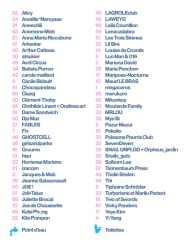 Liste de comptes suivis et d’abonnés sur Twitter, présentée en deux colonnes avec des noms en petits caractères colorés.