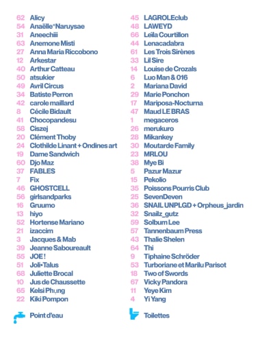 Liste de comptes suivis et d’abonnés sur Twitter, présentée en deux colonnes avec des noms en petits caractères colorés.