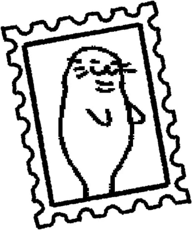 Dessin en noir et blanc représentant un phoque stylisé à l'air satisfait, intégré dans le cadre dentelé d'un timbre postal.