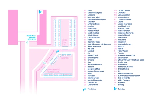 Infographie rose et bleue présentant un schéma central annoté, entouré de deux longues listes de noms ou termes en petits caractères.