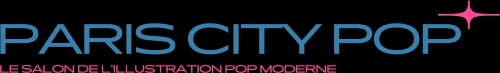 Logo bleu avec le texte PARIS CITY POP, accompagné d'une petite étoile rose en haut à droite, sur fond noir.