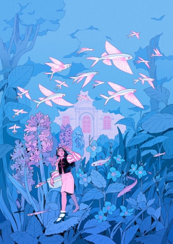 Une personne se promène dans un jardin bleu luxuriant rempli de fleurs, tandis que des poissons volants roses planent dans les airs, avec un bâtiment ancien en arrière-plan.