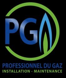 Logo « PG » bleu dans un cercle vert ouvert, avec une flamme bleue et verte formant le G. Texte : « Professionnel du gaz, installation - maintenance ».