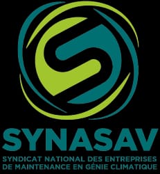 Logo du SYNASAV, Syndicat national des entreprises de maintenance en génie climatique : un S stylisé blanc au centre de formes circulaires vertes et bleu-vert, avec le nom en lettres turquoise.