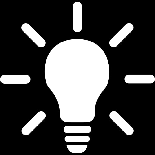Icône d'une ampoule blanche avec des éclats lumineux autour, symbolisant l'idée ou l'innovation.