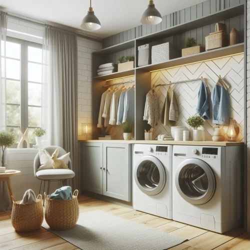 Une buanderie lumineuse avec des machines à laver blanches, des étagères contenant des vêtements suspendus, des paniers en osier et une chaise, pour représenter la buanderie Feng Shui