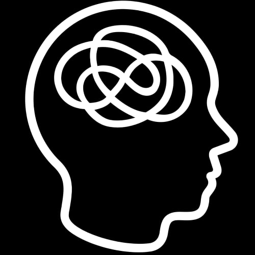 Icône représentant un profil de tête avec un cerveau en désordre, symbolisant la pensée complexe.