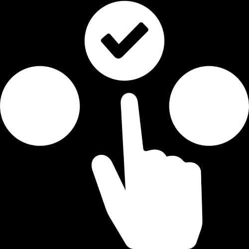 Icône représentant une main pointant vers un symbole de validation entouré de deux cercles vides.