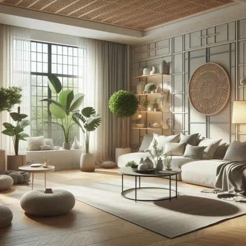 Salon lumineux et moderne avec des plantes d'intérieur, des meubles en bois et des décorations minimalistes, incluant un canapé gris, une table basse ronde et des coussins, pour représenter les prestations de décorations Feng Shui d'Inès Home Design