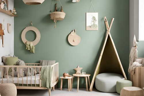 Une chambre d'enfant avec un lit en bois clair, des décorations murales en osier, des accessoires naturels, un coin de jeu avec un tipi et des meubles en bois, pour représenter une salle de jeux pour enfants Feng Shui