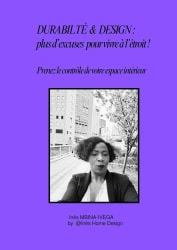 Couverture violette de l'ebook Durabilité et design, plus d'excuses pour vivre à l'étroit, écrit par Inès MBINA-IVEGA, fondatrice de Inès Home Design.