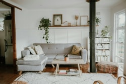 Salon lumineux avec un canapé gris, une table en bois, des plantes d'intérieur et des étagères remplies de livres, pour représenter les prestations de Home Staging d'Inès Home Design