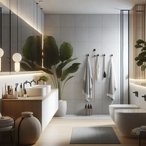 Une salle de bain moderne et élégante avec des murs en carreaux, une grande fenêtre, des plantes d'intérieur, des serviettes accrochées et un sol en bois.