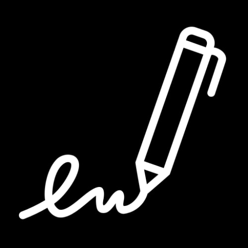 Icône blanche représentant un stylo avec une signature en dessous.