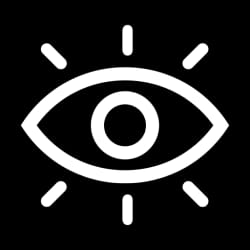 Icône d'un œil stylisé en pixel art, avec un cercle au centre et des rayons lumineux autour.