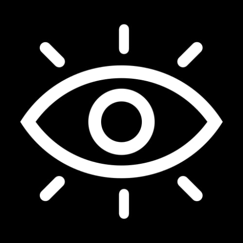 Icône d'un œil stylisé en pixel art, avec un cercle au centre et des rayons lumineux autour.