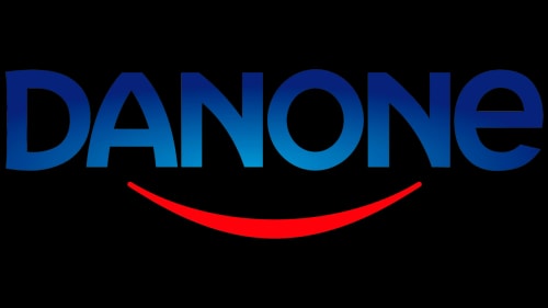 Logo de Danone avec le mot 'DANONE' en lettres majuscules bleues et un sourire rouge en dessous.