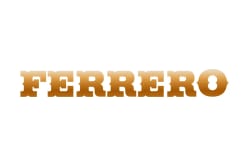 Logo de Ferrero en lettres dorées sur fond blanc.