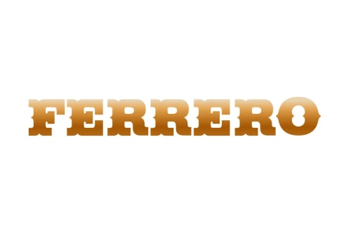 Logo de Ferrero en lettres dorées sur fond blanc.