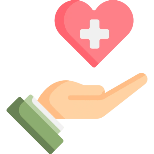 Une main tenant un cœur rose avec une croix blanche à l'intérieur, symbolisant les soins de santé ou l'assistance médicale.