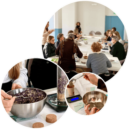 Atelier de cuisine avec des participants autour d'une table, mélangeant des ingrédients dans un bol et pesant des ingrédients sur une balance.