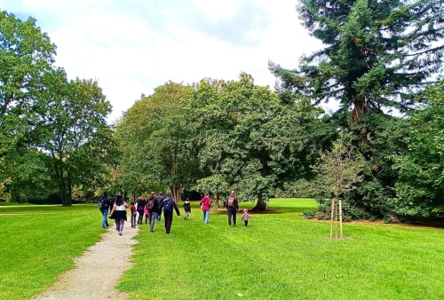 Un groupe de personnes marche sur un chemin dans un parc verdoyant, entouré d'arbres.