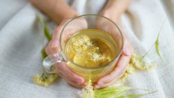 Une personne tenant une tasse de tisane avec des fleurs, entourée de feuilles, sur un tissu clair.