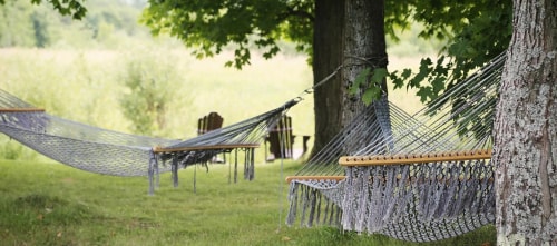 Deux hamacs suspendus entre des arbres sur une pelouse verte, avec un fond de prairie et une table en bois visible à distance.