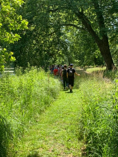 Un groupe de personnes marchant sur un sentier étroit entouré de hautes herbes et d'arbres.