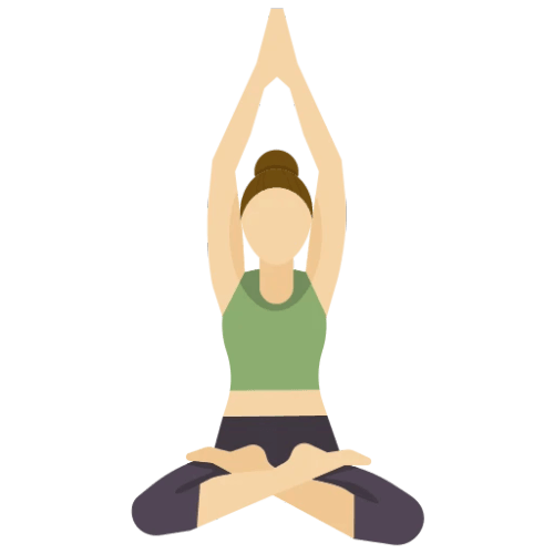 Femme en position de yoga assise, les mains levées vers le ciel, dans un cadre calme.