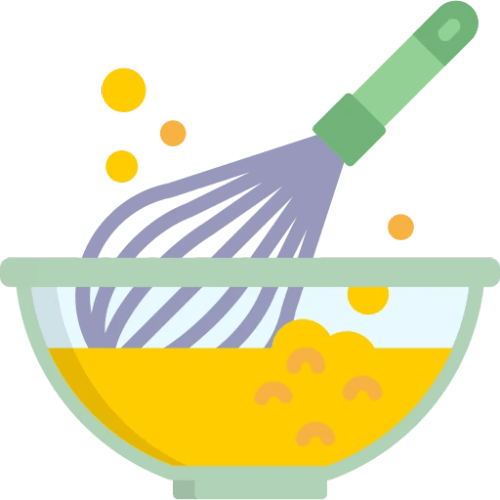 Un bol avec des œufs et un fouet, des gouttes jaunes éclaboussent autour.