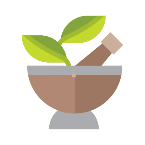 Un mortier et un pilon avec des feuilles vertes, sur fond bleu.