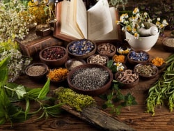 Une table en bois couverte de différentes herbes et épices dans des récipients en terre cuite. En arrière-plan, un livre ouvert, des fleurs, et des ustensiles de jardinage. L'ambiance est naturelle et rustique.
