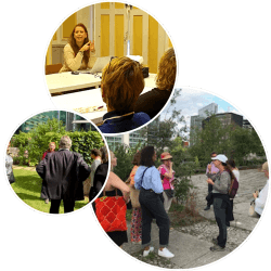 Un collage d'images montrant une femme parlant à une table, un groupe de personnes écoutant attentivement, et un groupe de personnes en discussion en extérieur.